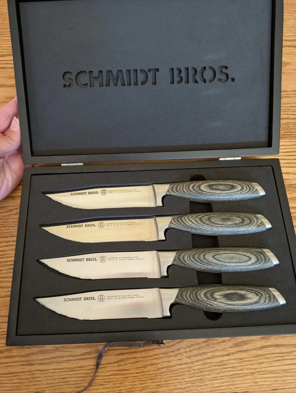 Schmidt Bros German Stainless 4-Piece Jumbo Steak Knife Set Wood Handles w/ Box